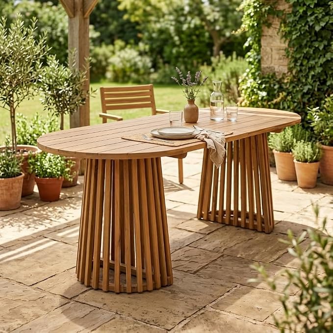 GDFStudio 83" Oval Dining Table with Racetrack Top, Outdoor Acacia Wood Dining Table for 6-8, Large Garden Dining Furniture, Slatted Pedestal Outdoor Furniture, Brown