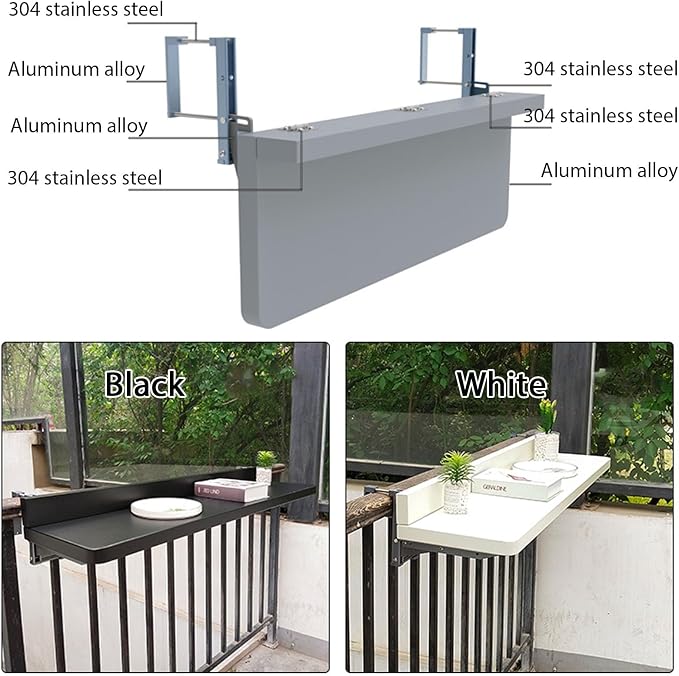 Outdoor Side Tables Rail Hanging Outdoor Folding Balcony Shelf 32 40in Folding Deck Table 5 Height Adjustable Space Saving Floating Better Bench for Patio Indoor Garden(Black,39.4x15.7in)