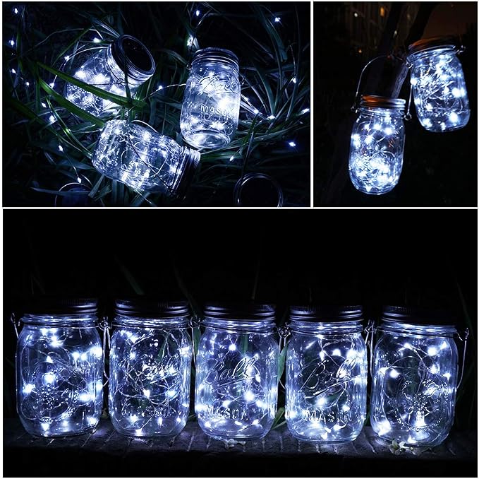 SunKite Solar Mason Jar Lights [Updated], 8 Pack 20 LED Waterproof Fairy Firefly Jar Lids String Lights with Hangers(NO Jars), Patio Yard Garden Wedding Decoration - Cool White