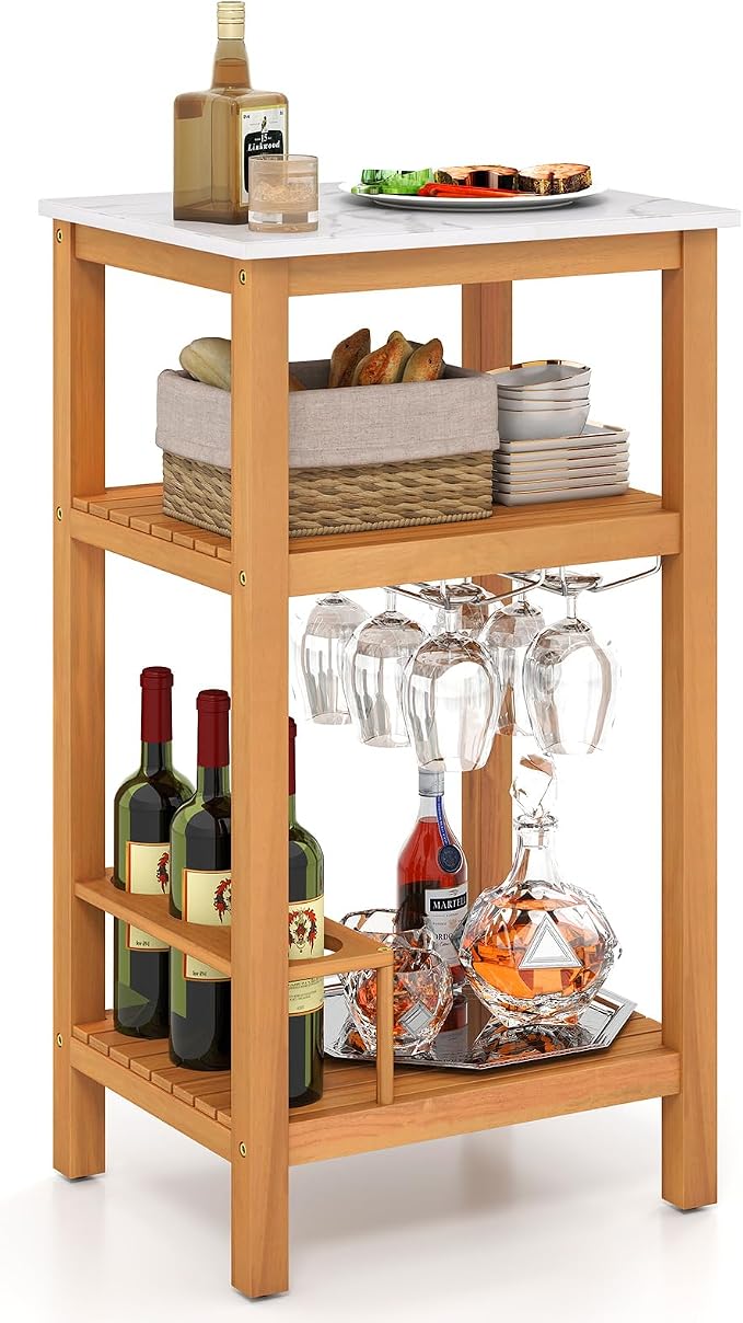Goplus Outdoor Side Table, 3-Tier Acacia Wood Bar Table w/Marble-Like Countertop, 2 Slatted Shelves, Glass & Wine Holders, Small Buffet Sideboard & Corner End Table for Patio, Deck or Indoor
