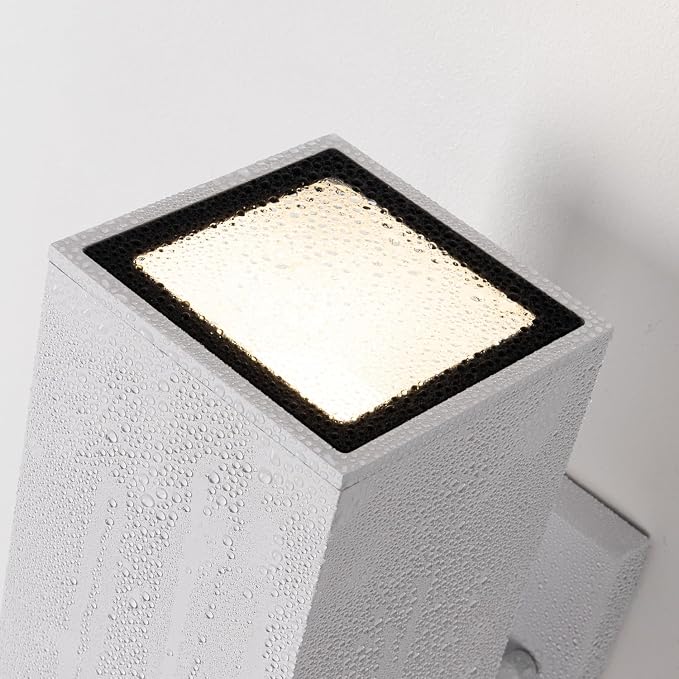 mirrea 12" Modern Outdoor Porch Light in 2 Lights, Matte White, 2 Pack | Patio wall sconce, aluminum rectangular tube, tempered glass, waterproof. Up & down lighting for outdoor wall mount fixture.