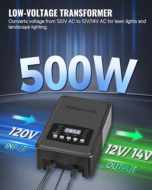 500W Low Voltage Landscape Transformer, Weatherproof Outdoor Low Voltage Transformer, 120V AC to 12/14V AC, Landscape Lighting Transformer with Timer and Photocell Sensor, ETL Listed D14LT06