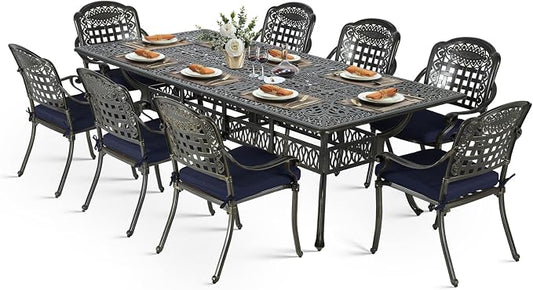 VIVIJASON 9-Piece Outdoor Dining Set, Cast Aluminum Retro Patio Furniture Table and Chairs Set for 8, Include Large 94.5" Rectangular Dining Table and 8 Chairs with Umbrella Hole, Navy Blue Cushion