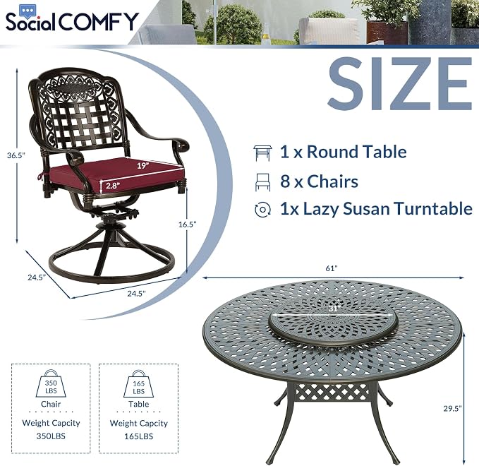 9-Piece Patio Cast Aluminum Dining Set, Outdoor Dining Furniture Set for 8 Person, Includes 8 Swivel Dining Chairs and 61" Large Round Dining Table with 31" Lazy Susan, Umbrella Hole, Red