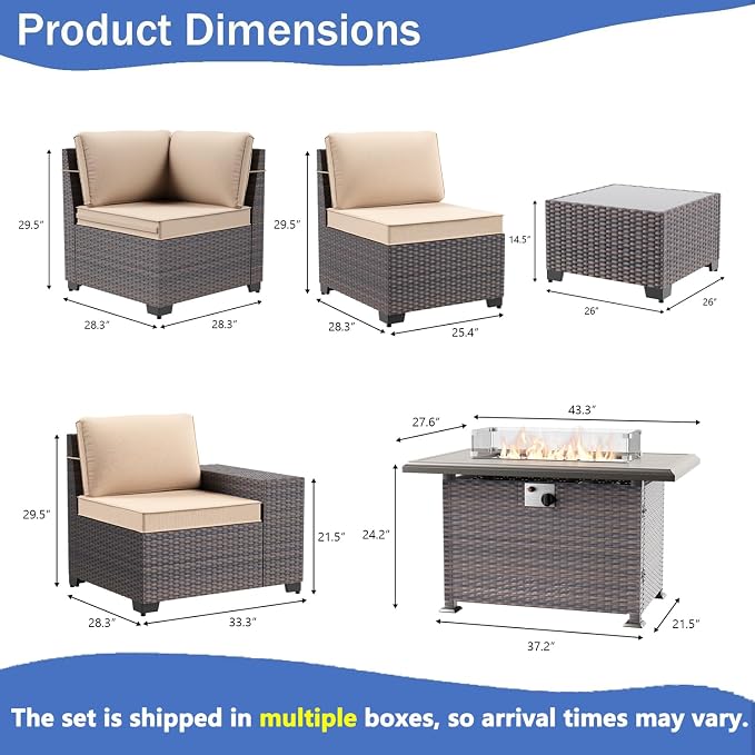13 PCS Outdoor Patio Furniture Set,Outdoor Sectional Furniture with 43" 55000 BTU Gas Propane Fire Pit Table,All Weather PE Rattan Wicker Patio Conversation Set,Sand