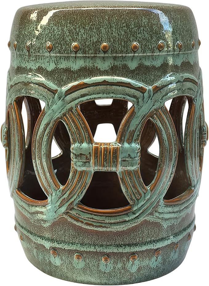 Decorative Ceramic Garden Stool, Hand-Crafted Outdoor Side Table, Shoe Changing Drum Stool for Patio, Living Room Accent Furniture(Light Green)