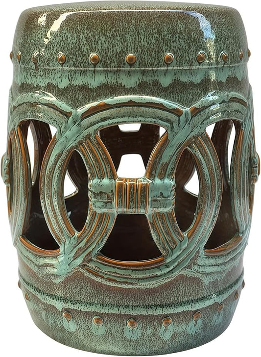 Decorative Ceramic Garden Stool, Hand-Crafted Outdoor Side Table, Shoe Changing Drum Stool for Patio, Living Room Accent Furniture(Light Green)