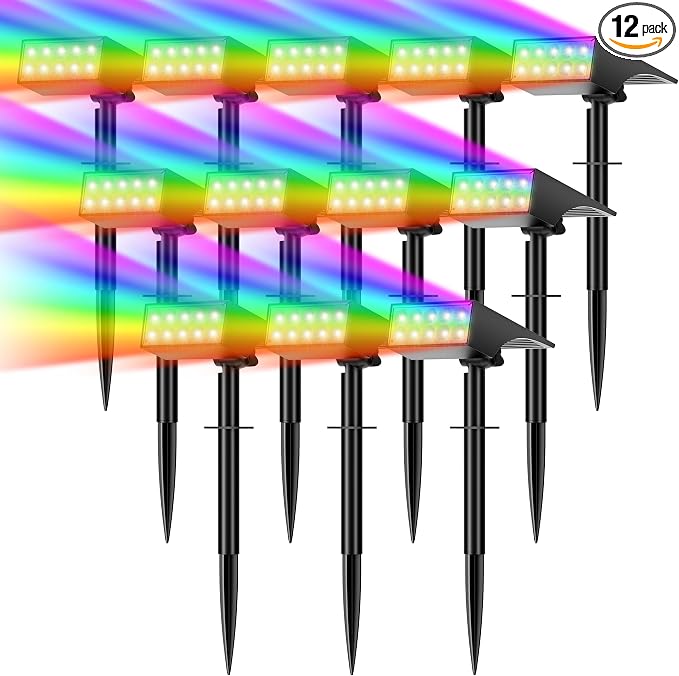 WENATY Solar Spot Lights Outdoor Waterproof, 12 Pack Solar Spotlights, RGB | 7 Lighting Modes, Color Changing Solar Powered Landscape Flood Lights for Halloween & Christmas Decorations Yard Garden Tree