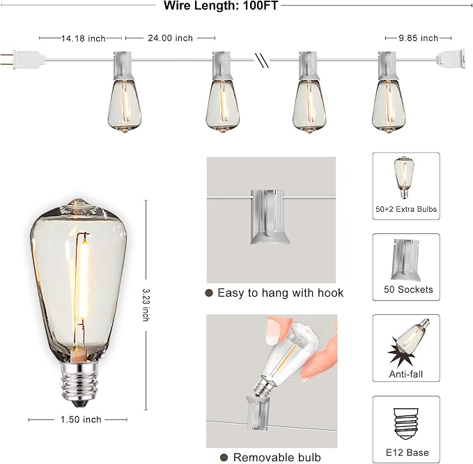 White Outdoor String Lights Waterproof 100FT Patio Lights for Wedding Yard | 100FT Connectable White Outside Lighting,52 Plastic Dimmable Edison Bulb for Backyard Bistro Porch Garden Gazebo Balcony Deck