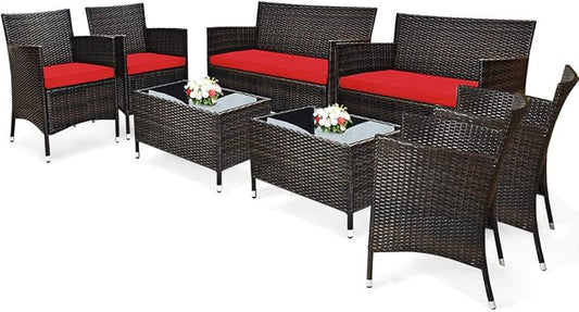 COSTWAY 8PCS Rattan Patio Furniture Set | Outdoor Wicker Rattan Chairs with Coffee Table, Rattan Cushioned Conversation Set for Backyard Balcony Poolside, Red
