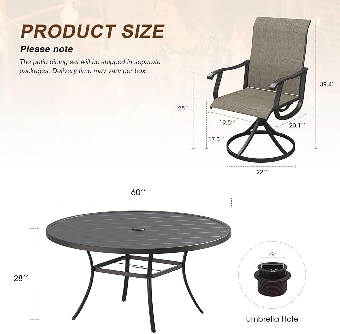VICLLAX 9 Pieces Outdoor Patio Dining Set, 60" Round Wrought Iron Metal Outdoor Table with Umbrella Hole and 8 Swivel Textilene Chairs for Lawn,Garden,Porch,Black/Brown