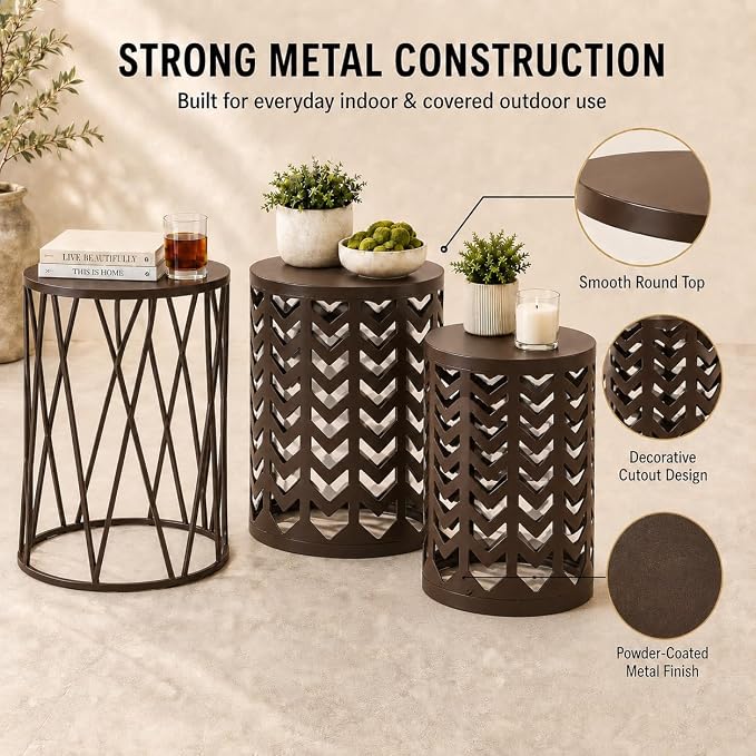 Y&M Outdoor Side Tables Set of 3, Nesting Patio Side End Tables for Outside, Round Heavy Duty Metal Stacking Accent Tables for Patio Balcony Garden Indoor, Brown