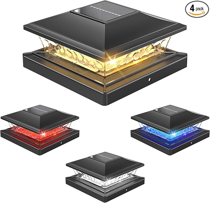 APONUO Solar Post Cap Lights with 8 RGB Solid Colors & Multicolor Flow - 4 Pack 6x6 Post Cap Solar Light, IP65 Waterproof - Fits 4x4 5x5 6x6 Wood & Vinyl Posts - Black