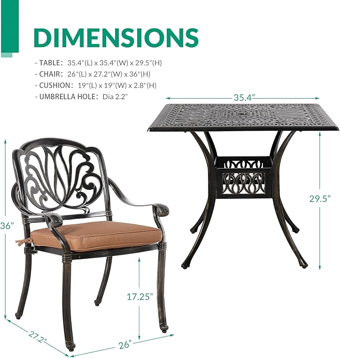 VIVIJASON 5-Piece Outdoor Patio Dining Set, All-Weather Cast Aluminum Conversation Set, Patio Furniture Set for Balcony Lawn Garden, Include 4 Cushioned Chairs, a 35.4" Square Table w/Umbrella Hole