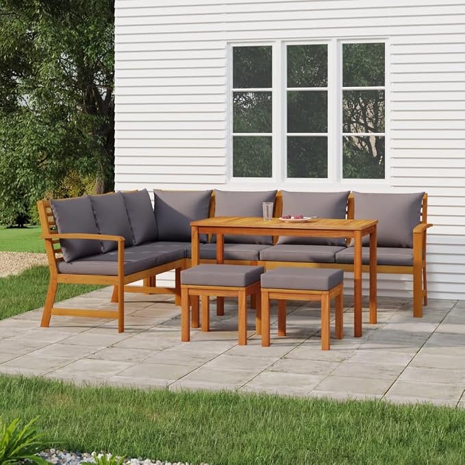 7-Piece Solid Acacia Wood Patio Dining Set with Dark Gray Cushions, Water-Resistant Outdoor Furniture for Backyard and Garden