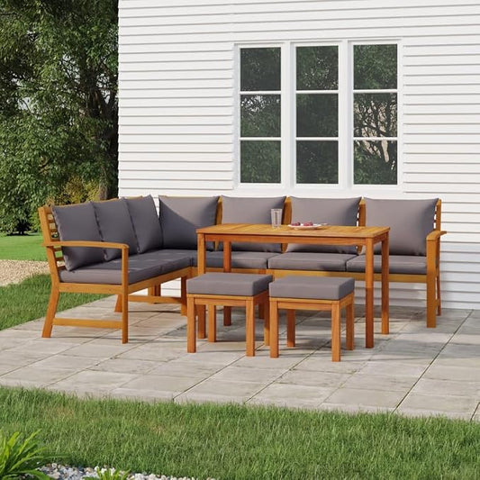 7-Piece Solid Acacia Wood Patio Dining Set with Dark Gray Cushions, Water-Resistant Outdoor Furniture for Backyard and Garden