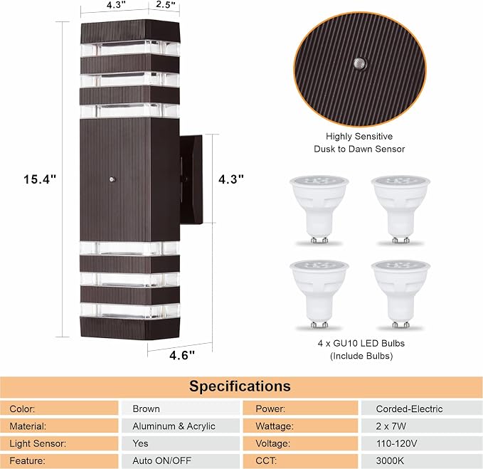DASTOR 4 Pack Dusk to Dawn Outdoor Light Fixture, Modern Wall Lights Brown Exterior Sconce, 3000K Up and Down Porch Lights for House Garage Patio