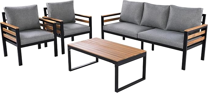 KLMM 4-Piece Outdoor Sofa Set for 5 People with Acacia Wood Armrests, Patio Conversation Set with Removable Cushion and Solid Wood Coffee Table,for Garden Backyard (Grey#g)