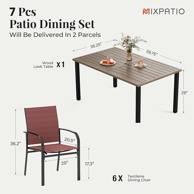 MIXPATIO Patio Table and Chairs Set, Outdoor Dining Set for 6 with Red Chairs and Teak Color Tabletop Outdoor Dining Table, 7-Piece Patio Furniture Set for Deck Backyard Lawn