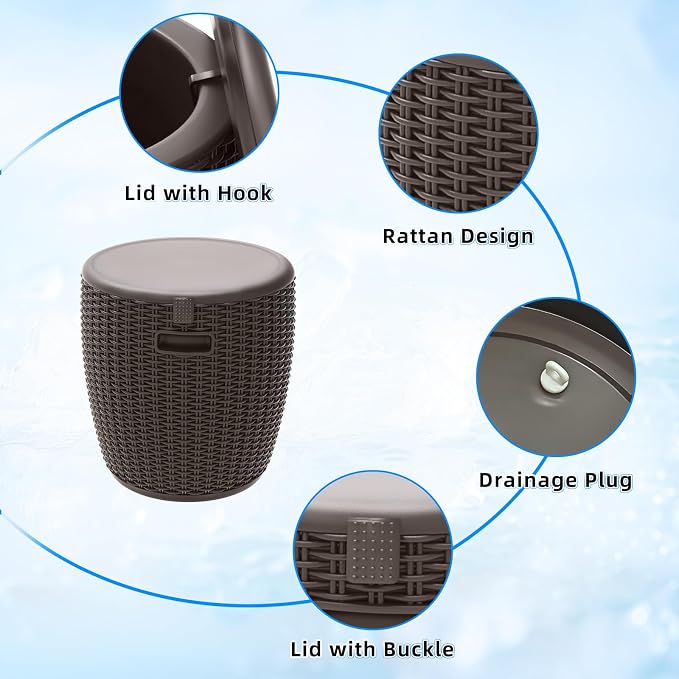Outdoor Ice Cooler Side Table 9.5 Gallon Grey, Rattan Pattern Round Portable Ice Chest with Built-in Handle, Top Lid Side Handles Drainage Plug Bar Table for Patio Decor, Pool, Party