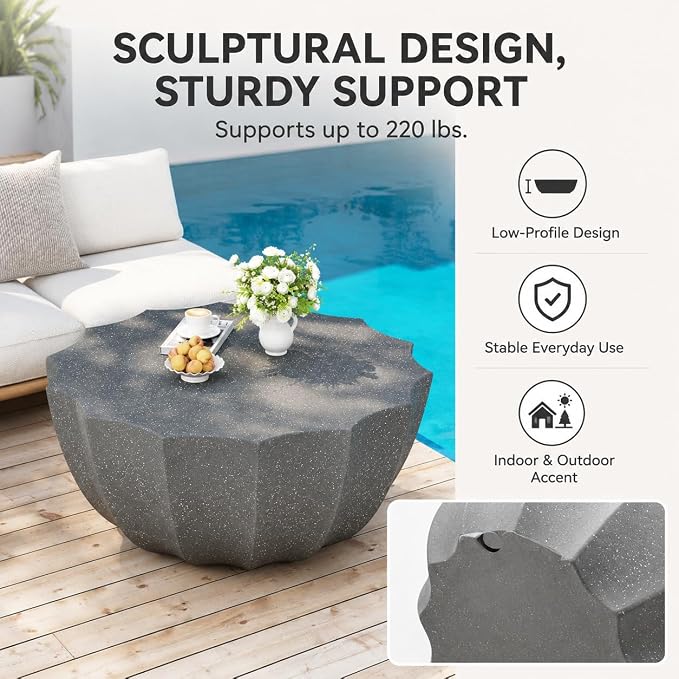 35.43" Concrete OutdoorTable,Modern Round Outdoor Coffee Table,Waterproof Stone Coffee Table for Patio for Terraces, Gardens, Backyards and Living Rooms (Grey, 35.43")