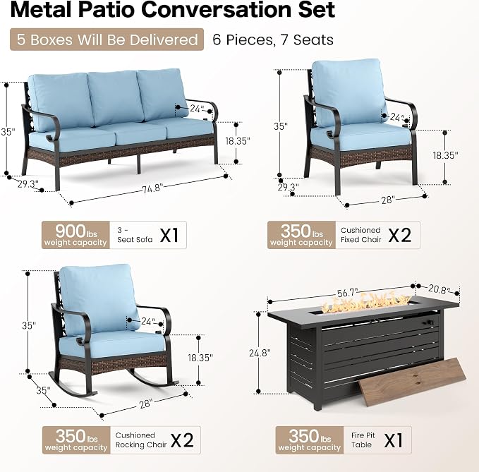 SUNSHINE VALLEY 6 Piece Black Metal Outdoor Patio Furniture Sets with Firepit Table, Patio Conversation Sets 1 3-Seater Sofa, 2 Leg Chair and 2 Rocking Chair with 5.75" Cushion for Backyard Deck, Blue