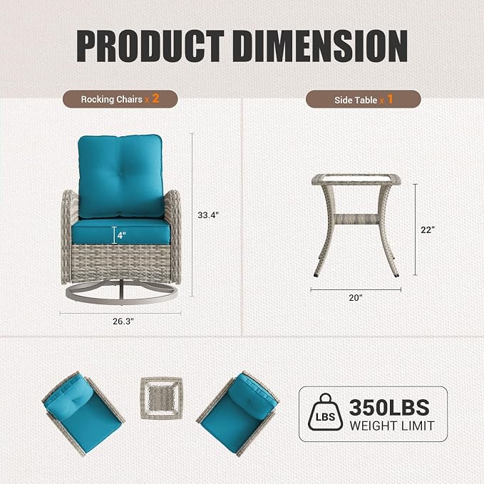 Patio Rocking Swivel Chair Outdoor Wicker Rattan Bistro Set with Tempered Glass Side Table, Outdoor Patio Furniture Set for Garden, Deck, and Balcony, Turquoise