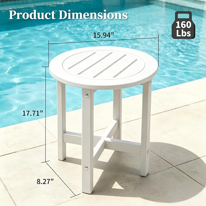 Small Outdoor Side Table 15.94" HDPE Round Adirondack End Table | Storage Shelf, Plant Stand, Weather Resistant, Easy to Clean & Use, Not prone to fading, for Patio, Backyard, Deck, White