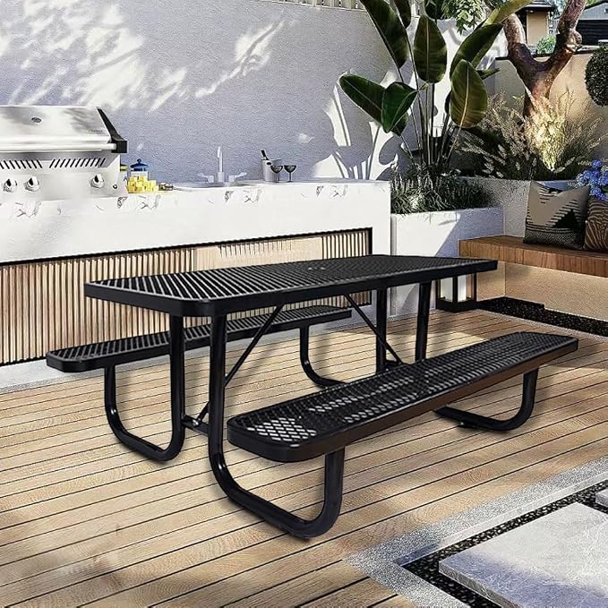 72" Rectangular Metal Picnic Table for 4-8 Person, Durable Heavy Duty Commercial Picnic Table up to 2800 lbs for Outdoor Coffee Shop, School, Hospital, Easy to Install, Black