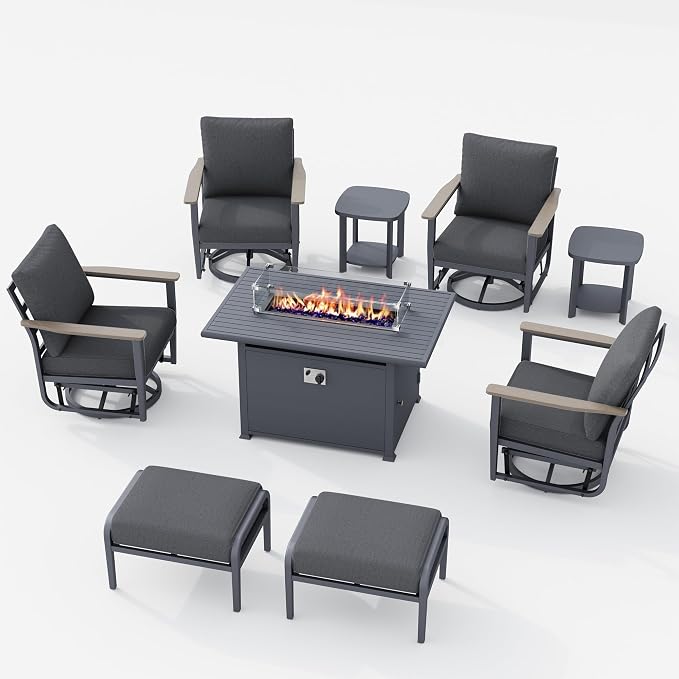 Aluminum Patio Swivel Rocking Chair Outdoor Bistro Set, 9pcs Patio Conversation Set Outdoor Patio Furniture Set with High Backrest & Thickened Cushions for Garden, Deck and Balcony, Dark Grey