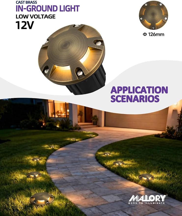 MALORY Brass Top Cover Landscape Well Lights,(φ126 mm) 12V Low Voltage Outdoor In Ground Lights,Landscape Lighting for Pathway, Driveway, Garden (Five-Direction Turret, 1-Pack with Bulb)