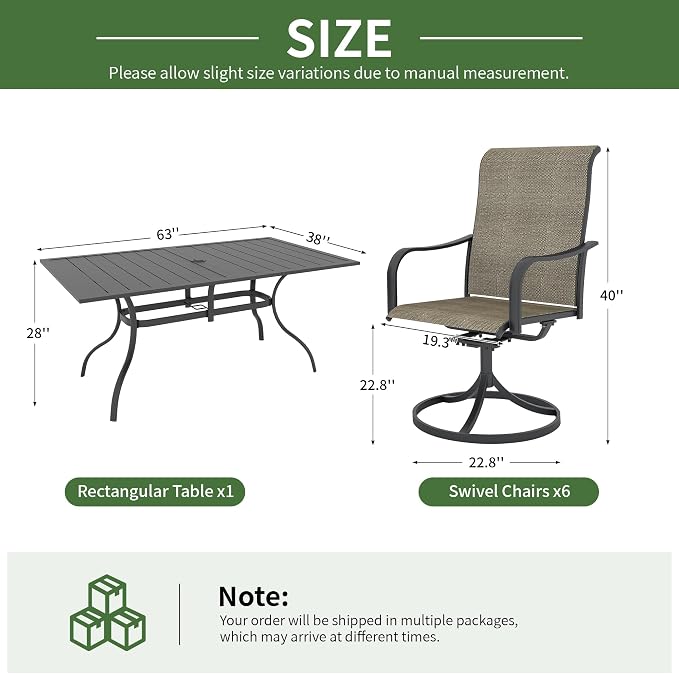 Anmutig 7 Pieces Outdoor Patio Dining Set for 6 Patio Dining Swivel Chairs Textilene & 1 Rectangle Outdoor Dining Table with 1.57" Umbrella Hole for Backyard Bistro Outdoor Furniture Brown/Grey