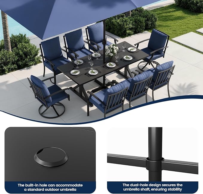 7 Piece Outdoor Dining Set for 6, Metal Patio Table and Chairs with Cushions, Patio Furniture Set with 2 Swivel Chairs, Rectangular Metal Dining Table with Umbrella Hole, Lawn Deck Yard-Navy