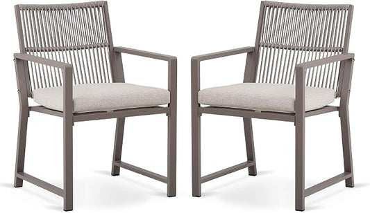 Outdoor Patio Wicker Rattan Dining Chairs, Heavy-Duty Wrought Iron Frame Supports 400lbs, Ergonomic Backrest, Detachable Breathable Cushion, for Garden & Porch, Light Brown, Set of 2