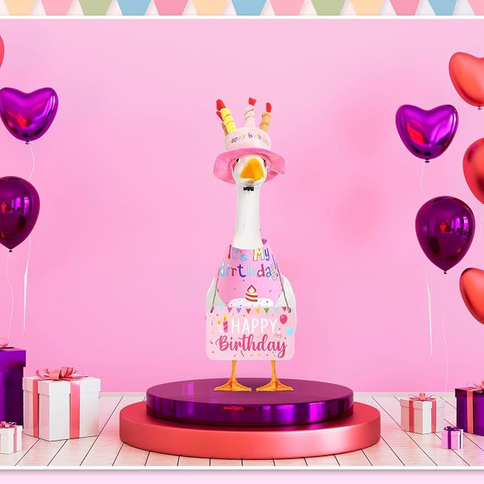 Happy Birthday Porch Goose Outfit Lawn Goose Cloth Costume for 23" Cement Plastic Patio Yard Statue Outdoor(Pink,Triangle Scarf)