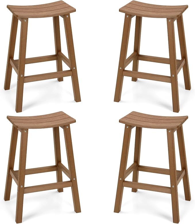 Weatherproof Bar Stools Set of 4, 28" Height Outdoor Bar Stools Holds up to 400 lbs, Saddle Seat, Bar Height Stools for Patio, Garden, and Kitchen Island, Teak