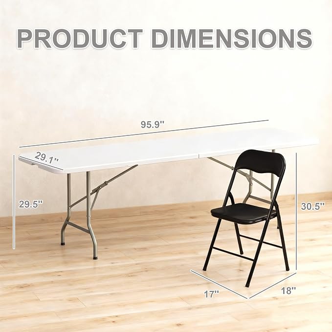 Elevon Folding Table Set with 8 Black Folding Chairs,8 Feet Heavy Duty Fold-in-Half Utility Table Sets for Picnic, Event, Training, Outdoor Activities, at Home and Commercial Use