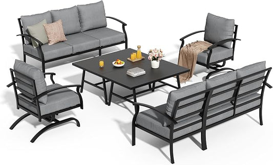 Metal Patio Furniture Set,6 Pieces 8 Seats Patio Sectional Outdoor Furniture Set with 2 Rectangular Coffee Tables,Patio Conversation Sets with 5.1" Thickened Cushions,Grey