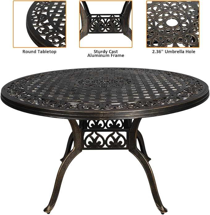 Patio Dinning Set Weather Resistant Cast Aluminum Patio Furniture Set with Umbrella Hole, Bistro Dining Set for Garden (48" x 48" Table B and 6 Chairs Bronze, 7 Pieces)