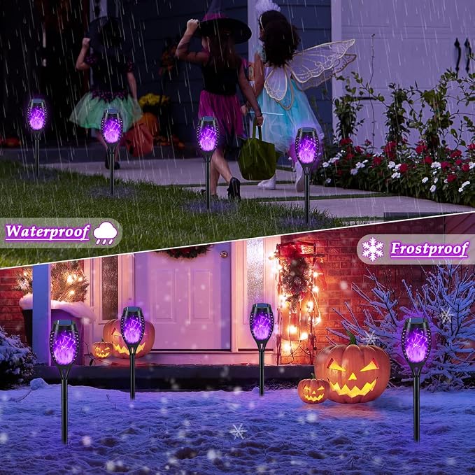 16Pack Purple Solar Halloween Lights for Halloween Decorations Outdoor | Halloween Solar Lights Outdoor with Flickering Flame, Waterproof Torches for Outside, Scary Halloween Yard Pathway Decoration