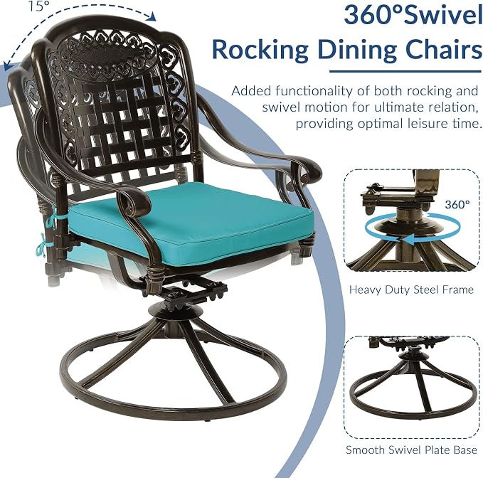 9-Piece Patio Cast Aluminum Dining Set, Outdoor Dining Furniture Set for 8 Person, Includes 8 Swivel Dining Chairs and 61" Round Dining Table w/ 31" Lazy Susan, Umbrella Hole, Ocean Blue
