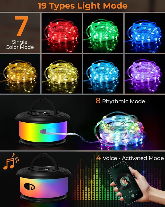 2-Pack Camping String Lights, Retractable 4 in 1 Camp Lights | 32.8FT Rechargeable Fairy Lamp Outdoor Waterproof, RGB Portable Hanging Lantern for Outside Tent Patio Awning RV Essentials