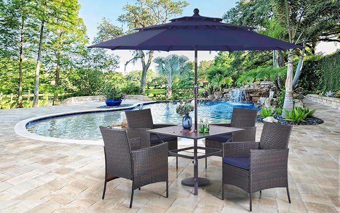 PHI VILLA 5pc Patio Dining Set with Umbrella, Square Table, Rattan Chairs | Outdoor Dining Set for 4, 37" Metal Table & 4 Cushioned Rattan Chairs with Blue Umbrella for Outdoor, Deck, Yard, Porch