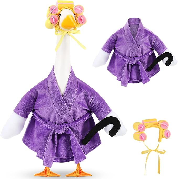 Shyyween Old Lady Porch Goose Outfits Purple Bathrobe Goose Clothes with Curlers Crutch, Cute Geese Costume for 23 Inch Cement Plastic Statue Lawn Yard Decor