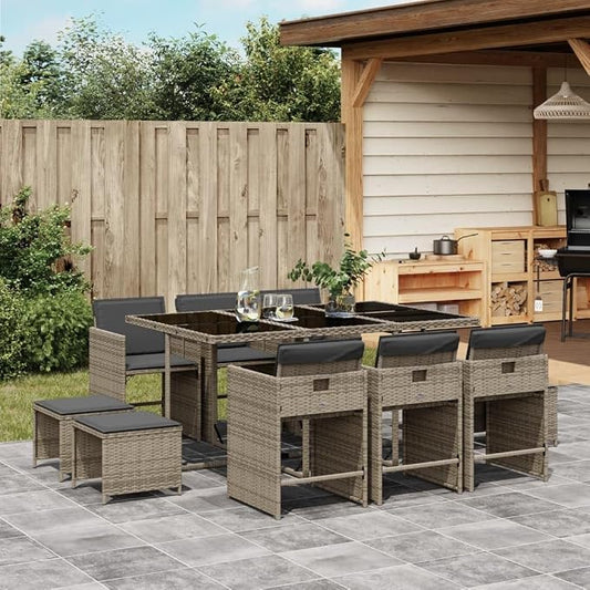 11 Piece Outdoor Patio Dining Set, PE Rattan Wicker Furniture with Cushions, Space Saving Cube Table and Chairs for Garden, Backyard, Deck, Gray