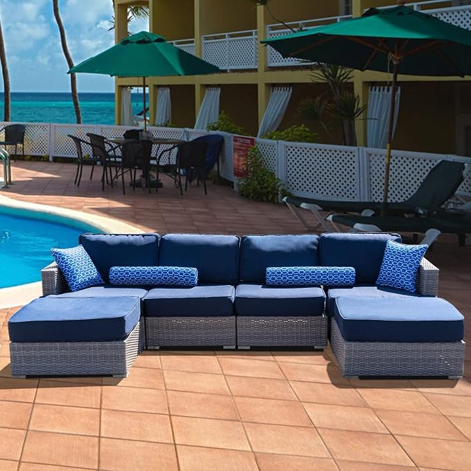 Vanity Art High-Density Polyethylene (HDPE) Wicker 6 Piece Outdoor Furniture Conversation Sofa Set | Patio Couch with Cushion, and Back Rest Pillow for Balcony Backyard, Garden, Fully Assembled