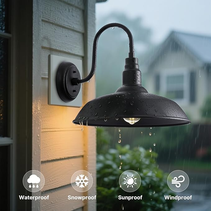 16 Inch Dome Barn Light for Porch, Large Gooseneck Outdoor Light Fixture for Farmhouse, Barn Style Exterior Patio Wall Lights for Garage, Black Outside Wall Sconce for Front Door, House