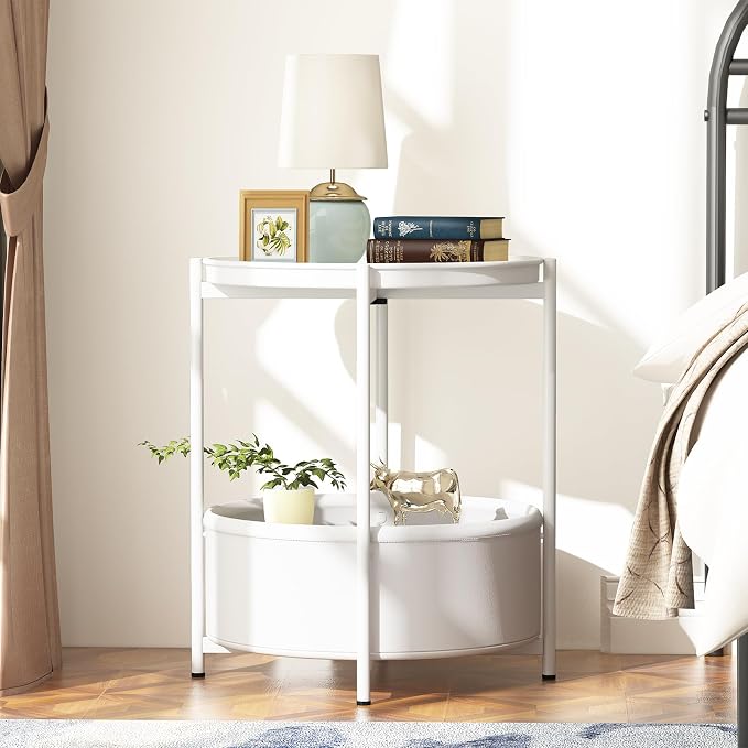 Garden 4 you Side Table with Fabric Storage Basket, Round Metal End Table, Small Bedside Table Nightstand with Removable Tray, for Nursery, Living Room, Bedroom, Bathroom, White