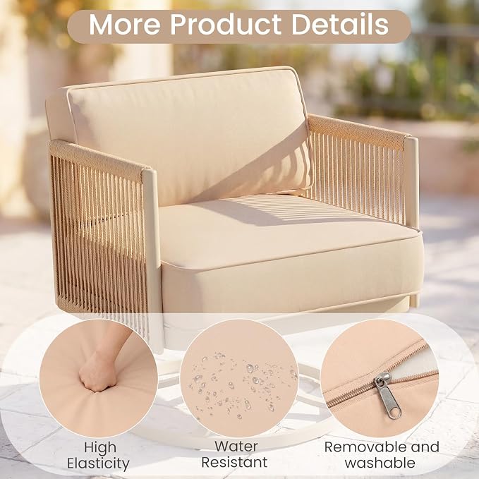 EROMMY 3 Pieces Patio Furniture Set, Metal Frame Outdoor Swivel Glider Rocking Chairs with 6" Thick Cushions & Metal Table, Patio Conversation Sets for Backyard, Poolside & Balcony, Beige