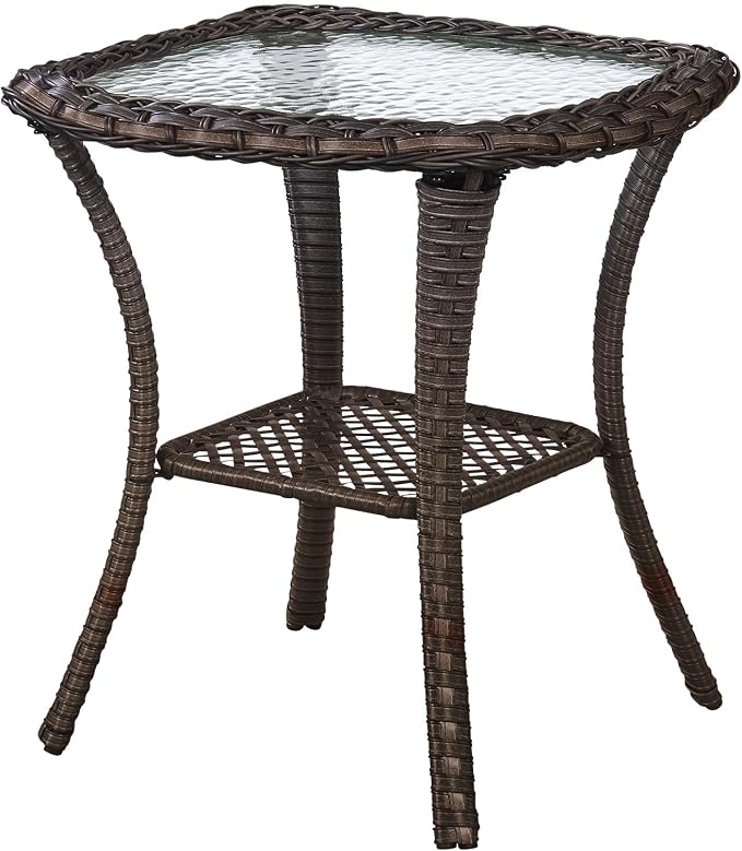 Small Outdoor Side Table - 50 LBS Weight Capacity Wicker Side Table with Storage, Tempered Glass Top Patio Side Table for Porch Balcony Deck Garden - Brown